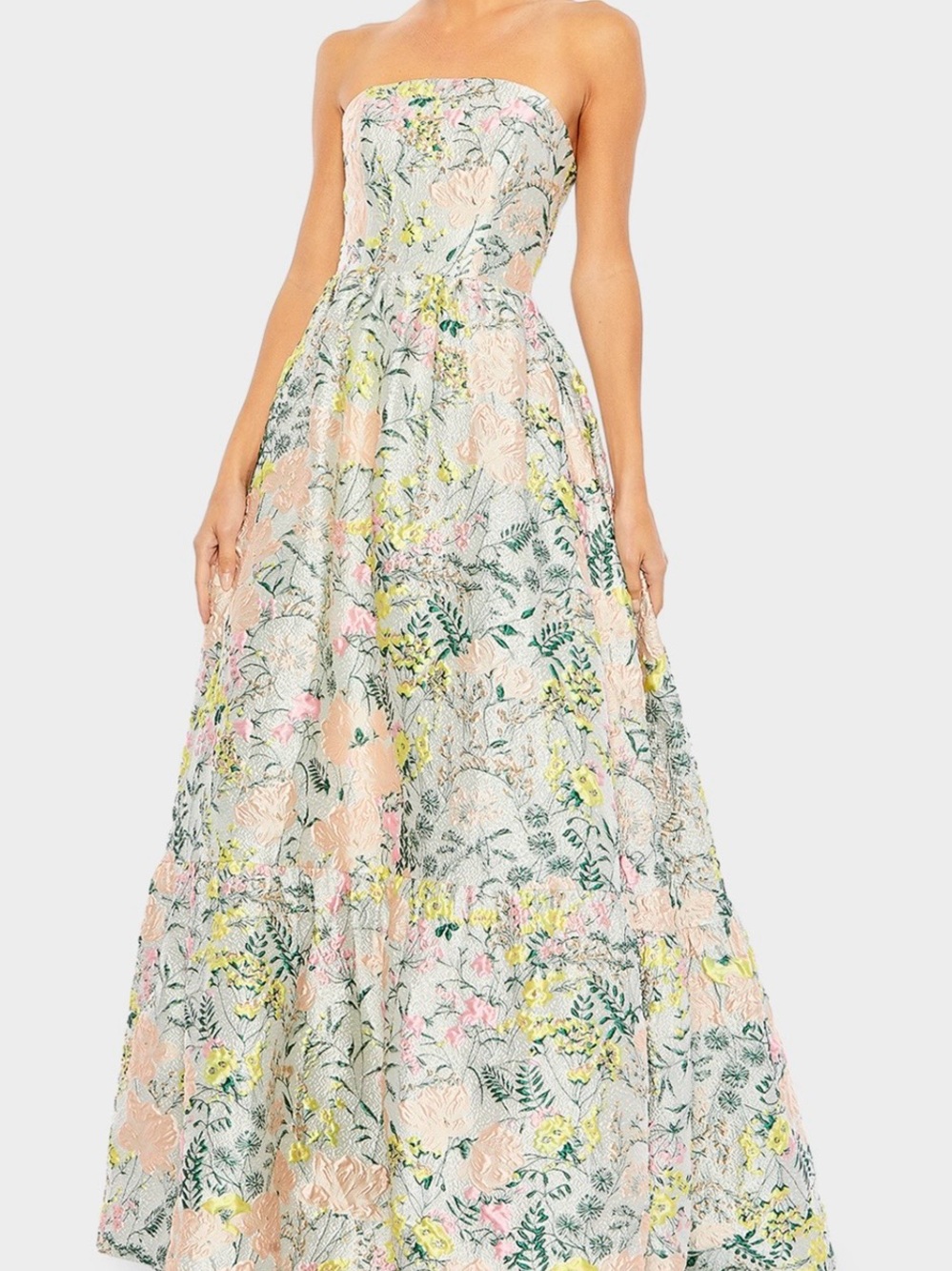 Mac Duggal Strapless Floral brocade Gown.
